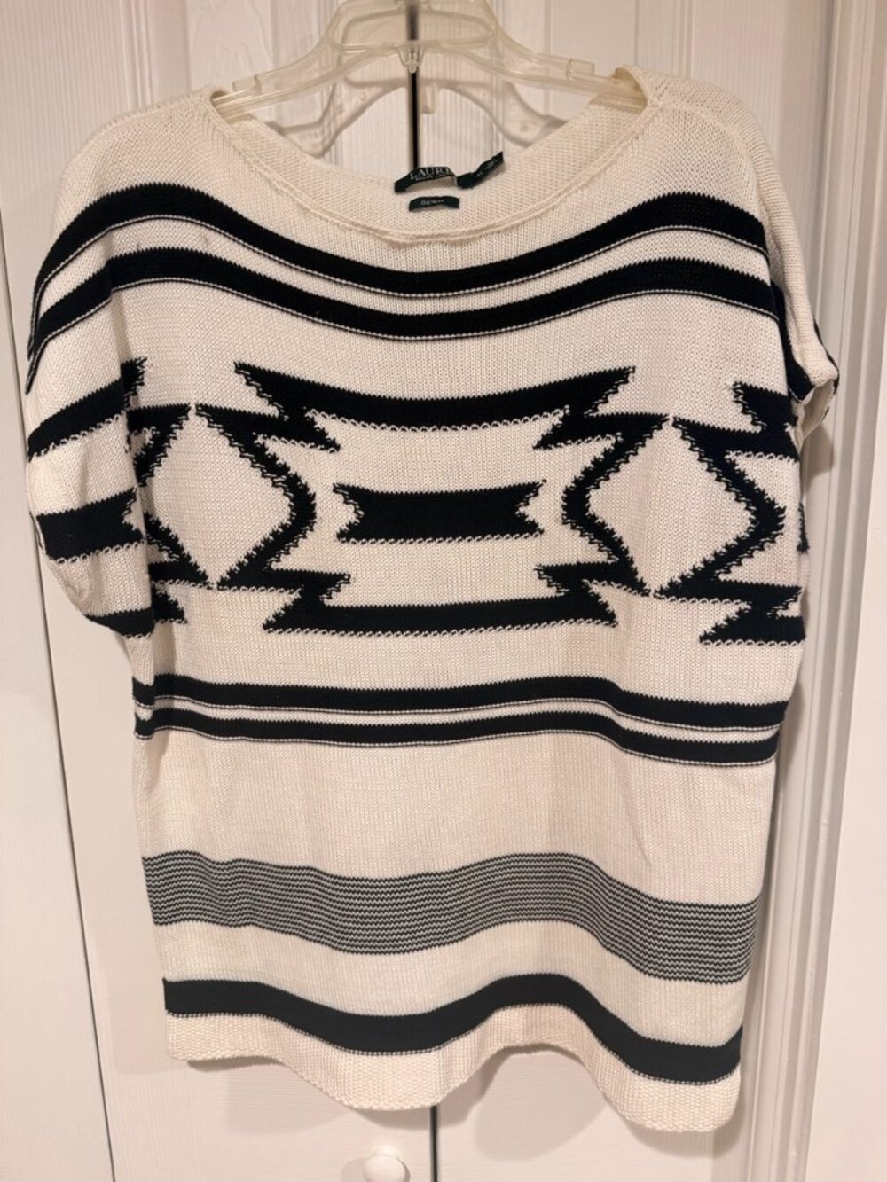 Lauren Ralph Lauren Black & White Southwestern Tribal Navajo Knit Top, Sz XL